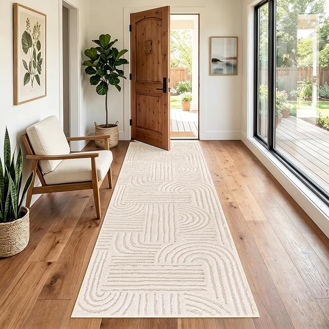 Etwel 2x6 Beige Modern Geometric Textured High-Low Pile Washable Runner Rug | Soft Carpet, Non-Slip PVC Backing, Low Profile, Kid and Pet Friendly, for Kitchen, Entryway, Hallway, Bedroom