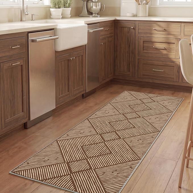 2‘x6' Washable Brown Stripe Runner Rug for Hallway | Non-Slip, Low Pile, Stain Resistant, Earth Tone Geometric Style for Kitchen Entryway Bedroom