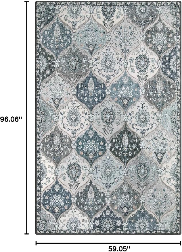 Lahome Moroccan Washable Living Room Rug, 5x8 Rugs for Bedroom Dining Room | Soft Non-Slip Non Shedding Boho Distressed Throw Carpet for Nursery Office Elise, Blue