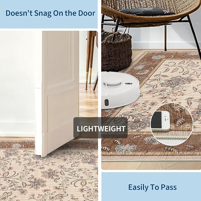 GarveeHome Small Brown Entryway Rug 2x3 Washable Front Door Rug Doormat | Low Pile Indoor Entrance French Floral Carpet Non-Slip Beige Throw Rugs for Kitchen, Powder Room, Entry, Bathroom, Kids Room