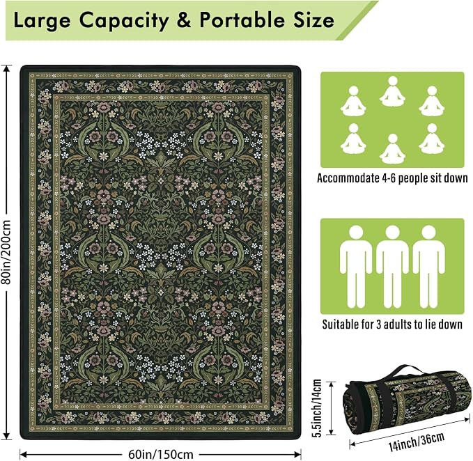 Floral Picnic Blankets Waterproof Foldable, 60″X80″ Packable Picnic Mat Vintage Outdoor Blanket for Grass, Large Beach Blanket Sandproof Picnic Accessories for Camping Music Festival Park Lawn Travel