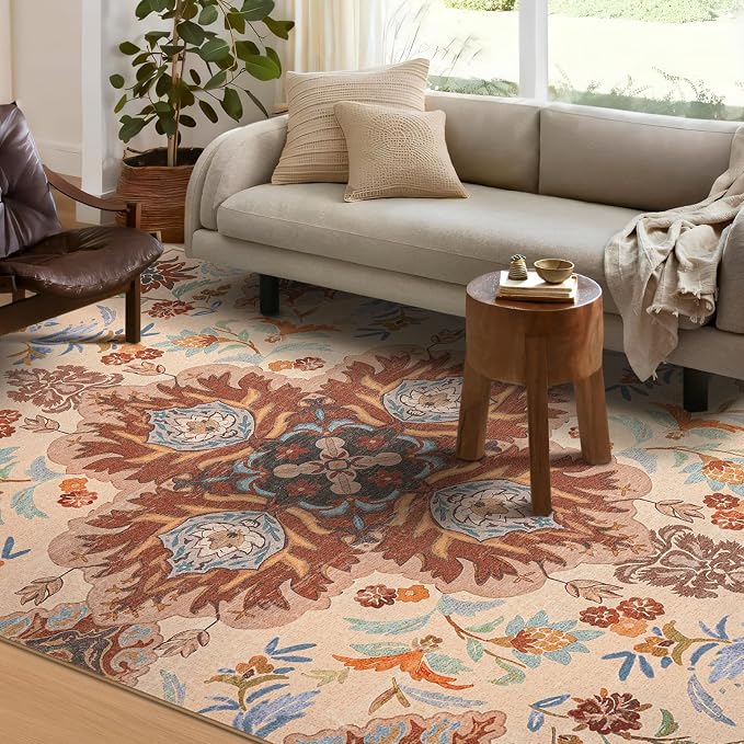 Phantoscope Washable Round Area Rug 6ft Non-Slip, Vintage Boho Rugs for Living Room, Bedroom, Dining Room, Fall Orange Floral Medallion Pattern, Low-Pile Foldable Floor Carpet, Rust/Multi Floral