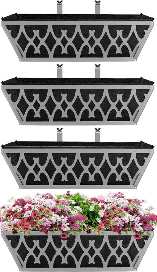 4 Pack 16 Inch Window Boxes Planters Railing Planter Box with Adjustable Brackets & Non-Woven Fabric Plant Grow Bags Deck Railing Planter Boxes Balcony Hanging Flower Box for Outdoor Plants