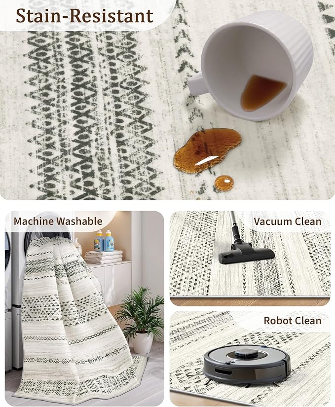 Miukiki 5x7 Washable Area Rug for Living Room, Soft Non Slip Rug Grey | Non-Slip Thin Throw Rug for Bedroom Kitchern Dining Room Office, Low Pile Indoor Floor Carpet with Vintage Pattern 5'x7'