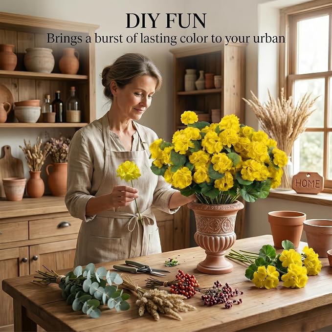 24 Pcs Artificial Geranium Flowers for Outdoor, UV Resistant Geraniums Artificial Flowers Realistic Faux Flowers Outdoor for Planters Outside Porch Garden Decor (15.3",Yellow)