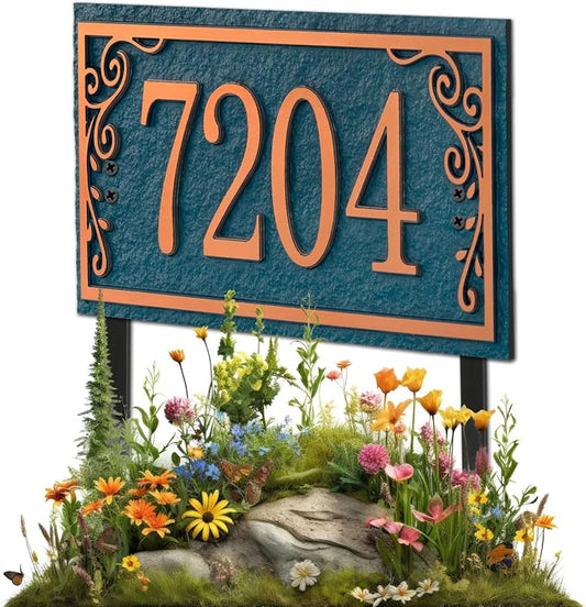 Lawn Address Sign Plaque - Personalized House Number Plaque Sign,Address Numbers for House Large Option Stakes Included (Green/Copper)