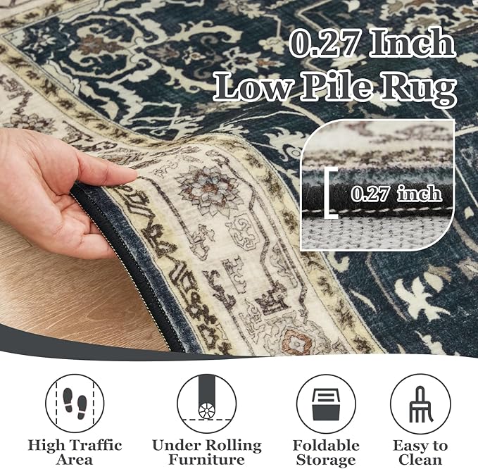 Farmhouse Entryway Rugs 2x6, Low Pile Kitchen Runners Washable Non Slip, Distressed Medallion Printed Carpet Runners for Hallway/Bathroom/Bedroom Bedside/Laundry Room, Midnight/Multi