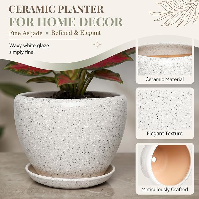 11 Inch Ceramic Plant Pot with Drainage Hole Mesh Net, Large Gardening Pots for Indoor Plants with Saucer, Waxen White