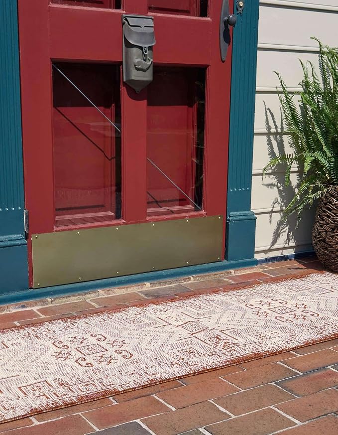 Unique Loom Outdoor Aztec Collection Area Rug - Coba (2' 7" x 12' Runner, Rust Red/ Ivory)