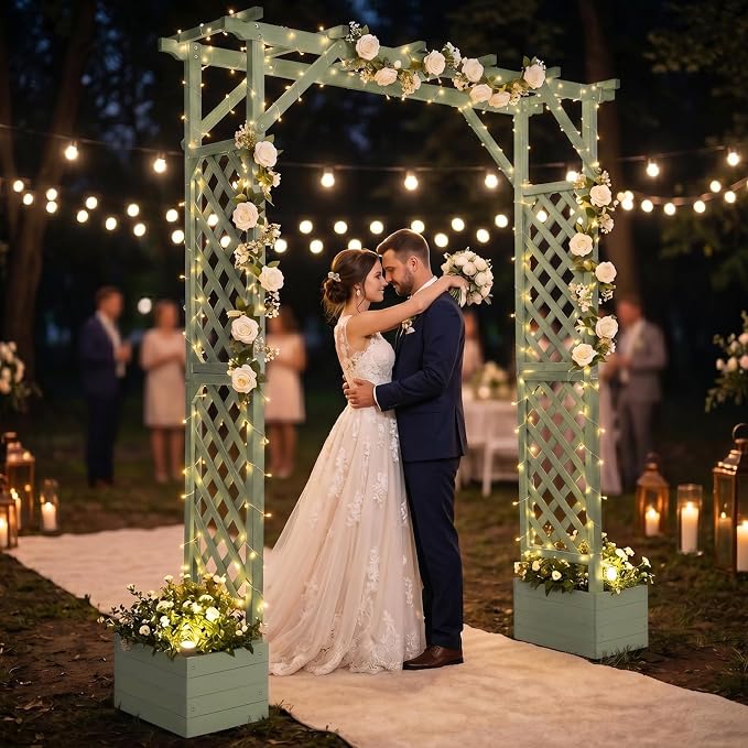 VINGLI Wooden Garden Arbor with Planter, Wedding Arch for Ceremony, Wood Garden Arbour Trellis for Plant Climbing, Pergola for Garden Backyard, Lawn, Outdoor (Olive Green)