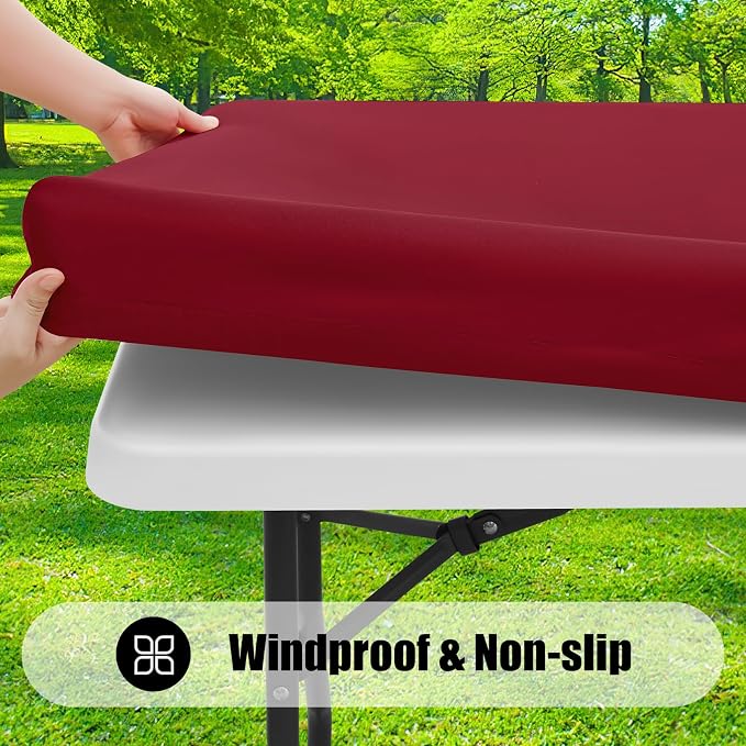 Smiry 6 Pack Rectangle Picnic Table Cloth, Waterproof Elastic Fitted Tablecloths, Washable Polyester Rectangular Patio Table Cover for Camping, Indoor and Outdoor (Wine Red, 30"x96")