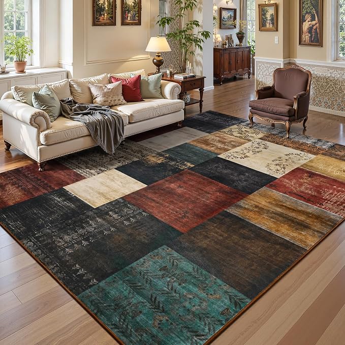 Washable Area Rugs 8x10 for Living Room, Large Modern Geometric Colorful Soft Patchwork Carpet, Non-Slip Stain Resistant Throw Rug for Bedroom Dining Room Office Home Decor