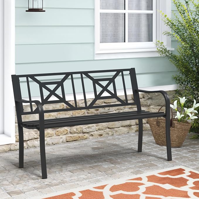 Black Outdoor Bench, Metal Weatherproof Garden Bench Cast Iron Heavy-Duty Patio Bench with Decorative Backrest for Proch Park 880lb Capacity