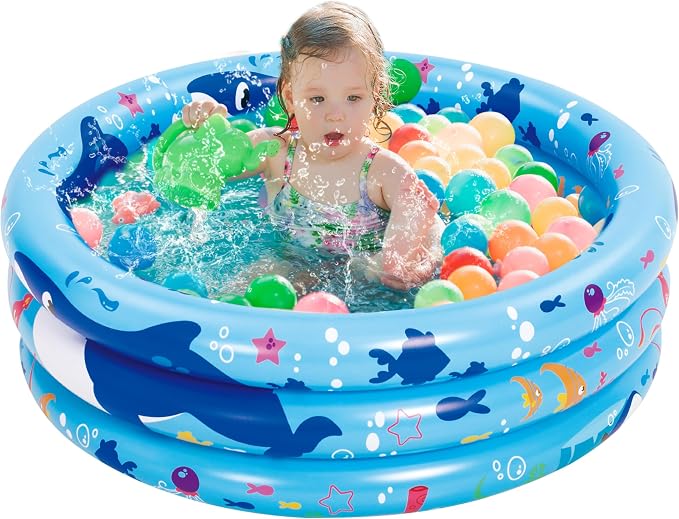 Sloosh Inflatable Kiddie Pool, 34"x10" Blow Up Kid Swimming Pool, 3 Rings Blue Baby Pool for Toddler, Play Pit for Dog with Ocean Whale Pattern for Summer Water Party Backyard Garden(Whale)