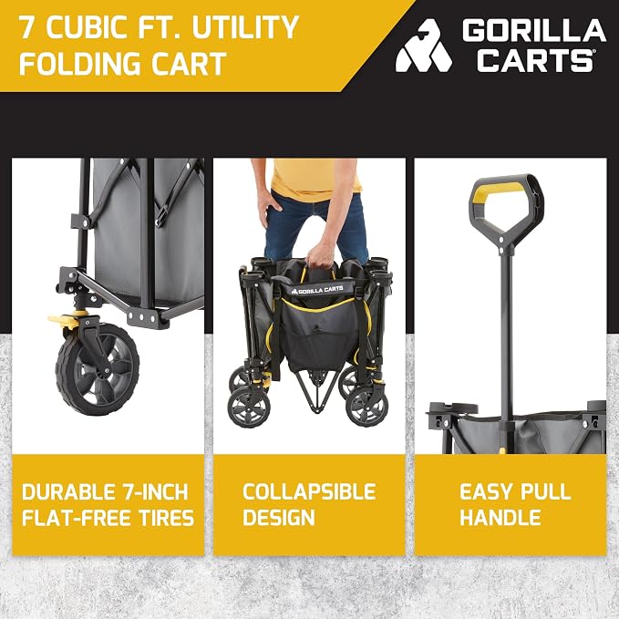 Gorilla Carts Collapsible Folding Outdoor Utility Wagon, 7 Cu Ft Oversized Bed, 150 lb Load Rating, Gray – Foldable Rolling Cart w/ Pockets & Cup Holders for Beach, Camping, Sports or Picnic