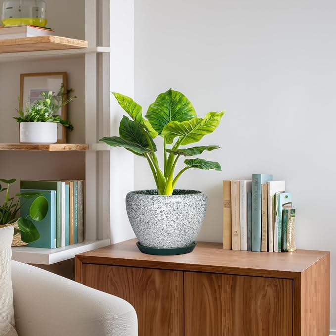 Ceramic Flower Pot, 8 Inch, Crackle Green | Round, Drainage Hole and Saucer, Indoor Outdoor, Modern Decorative