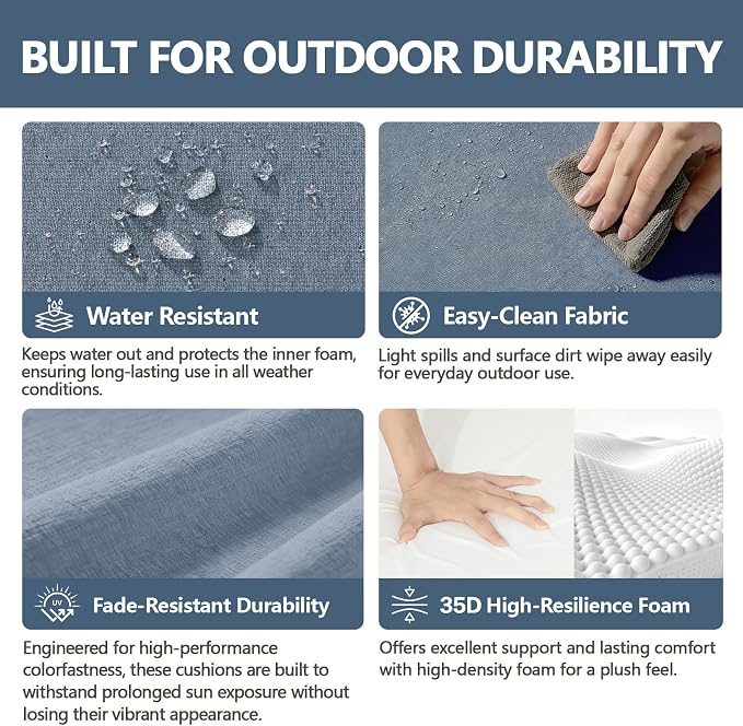 Goodgoods 25 x 25 Sunbrella Outdoor Patio Deep Seat Cushions 2-Pack, Fade-Resistant & Water-Resistant Furniture Chair Cushions with 30D High-Resilience Foam for Sofa, Spectrum Denim