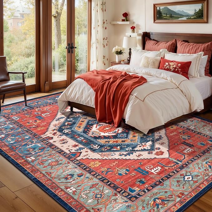 SERISSA 5x8 Washable Non Slip Boho Area Rug for Living Room，Rust | Ultra Soft Vintage Oriental Carpet Low-Pile Distressed Tribal Floor Carpet for Bedroom Dining Room Dorm Office Home Decor