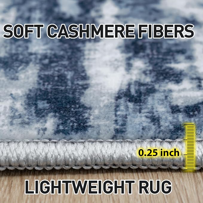 8x10 Area Rugs for Living Room: Washable Abstract Blue Grey Badroom Carpet | Non-slip TPE backing makes this washable soft low-pile rug safe & durable, Pet-friendly decor for dining room,nursery,office