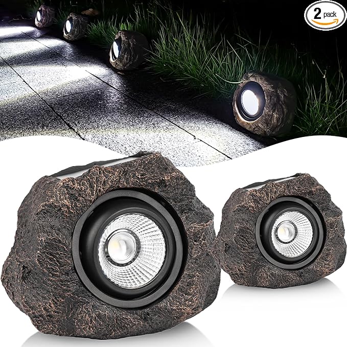 Solar Rock Lights Outdoor, IP65 Waterproof LED Solar Spotlights, Realistic Stone Garden Lights with Adjustable Angle & Auto On/Off, Solar Landscape Pathway Lights for Yard, Walkway, Patio (2 Pack)