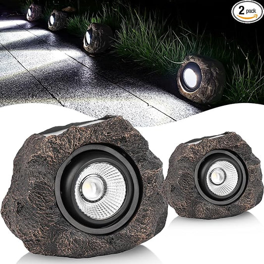 Solar Rock Lights Outdoor, IP65 Waterproof LED Solar Spotlights, Realistic Stone Garden Lights with Adjustable Angle & Auto On/Off, Solar Landscape Pathway Lights for Yard, Walkway, Patio (2 Pack)