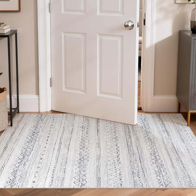 cotiled Washable 3x5 Entryway Rugs: Boho Moroccan Soft Small Rug | Solve Modern Neutral Trendy Home Decor - Low Pile Stain Resistant for Bathroom Entryway Kitchen Grey