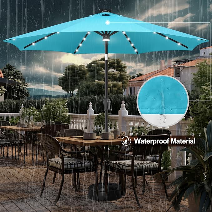 FLAME&SHADE 10 FT Solar Light Patio Umbrella, 40 LED lights outdoor umbrella with Centre Surround Light, Table Market Umbrella for Deck, Pool, Porch, Backyard, Garden, UV Protection, Aqua Blue