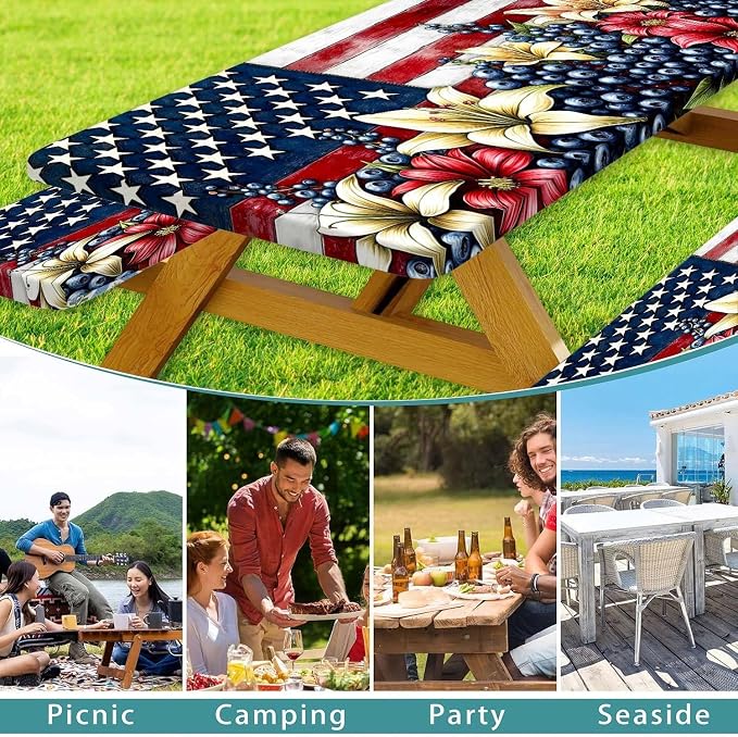American Flag Fitted Picnic Table Cover with Bench Covers Waterproof Elastic Edges Rectangle Patio Tablecloth Outdoor Camping Rv Accessories Summer Trip Travel Supplies Party Camper Gifts, 5 ft