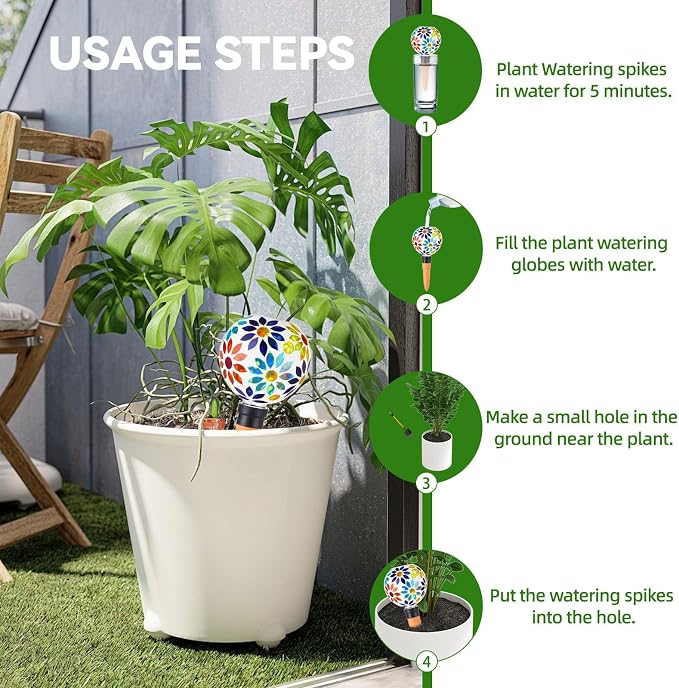 VOREEN Mosaic Glass Plant Watering Globes 2 Pack 500ml with Terracotta Spikes, Handmade Self-Watering Stakes for Indoor/Outdoor, Gift for Garden Lover,Multi Colored Flowers