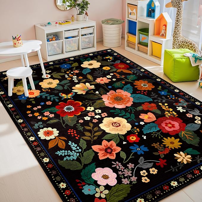 RELEANY Floral Washable 5x7 Area Rugs Black | Flower Carpet, Print, Boho, Non-Slip, Easy to Clean, Soft, Low Pile for Living Room Bedroom Kitchen Office Entryway Hallway