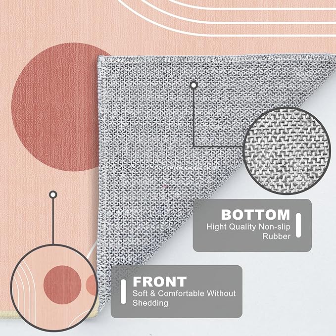 Boho Rug 3x5 Modern Geometric Minimalist Abstract Line Area Rug for Entryway Living Room Pink Mid Century Modern Machine Washable Non-Slip Printed Low-Pile Floor Carpet for Kitchen Bedroom Pink
