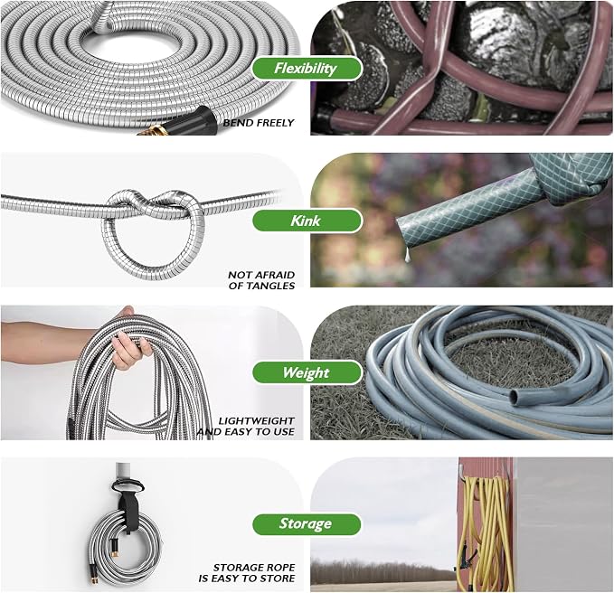 GARDENWORK Garden Hose,75ft Stainless Steel Garden Hose,Metal Hose with 10 Function Sprayer Nozzle,Flexible,Never Kink & Tangle for Outdoor,Yard,Lawn,Patio,Car