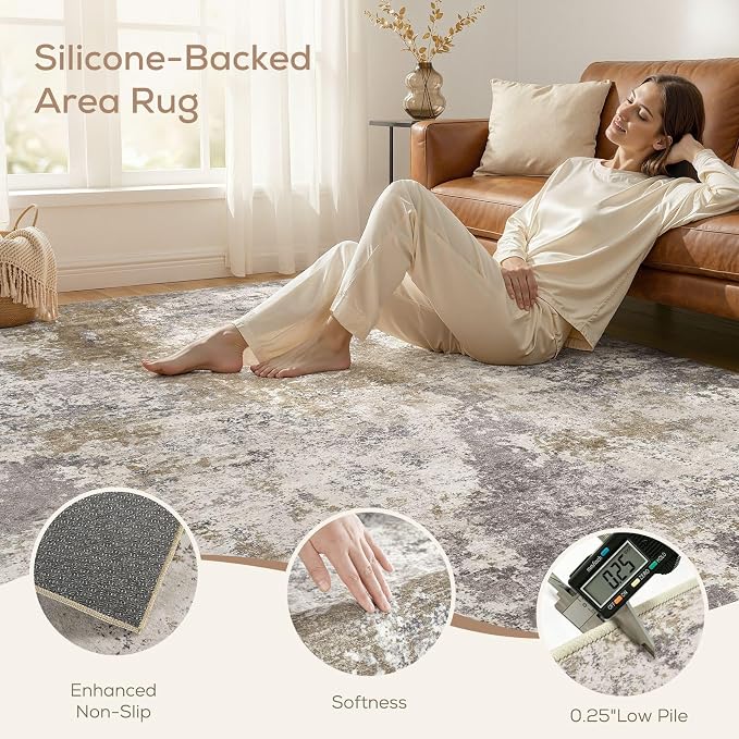 Nakagishi 10X12 Abstract Washable Area Rugs for Living Room-Brown Grey | Modern Non-Slip Silicone Backing Low Pile Soft Carpet for Bedroom Dining Decor Ideal for Families with Kids and Pets