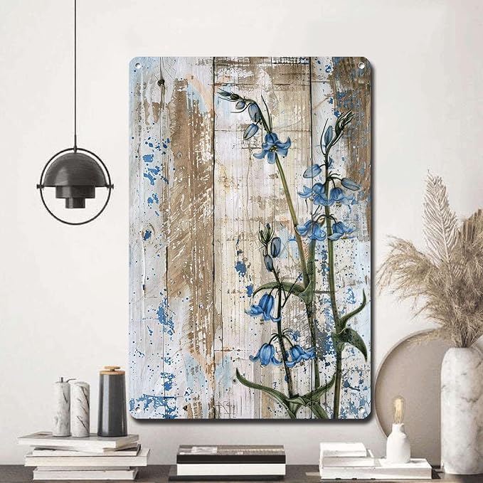 Metal Sign Tin Sign Vintage Wall Art Shabby Chic Bluebell Tin Sign for Woodland Enchantment Rustic Wall Art and Distressed Wood Panels Gardening Decor Gift for Club 6×8 Inches