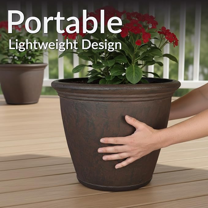 Sunnydaze 15.25-Inch Anjelica Large Plastic Pot for Plants - Outdoor Double-Walled Large Plastic Planter with Drillable Drainage Holes - Rust - 4pk
