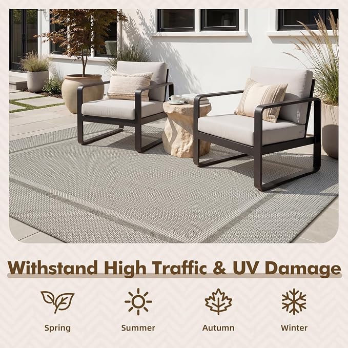 MontVoo-Outdoor Rug-Patio Rug 4x6 Polypropylene Indoor Outdoor Rugs Outdoor Carpet for Patio Deck Balcony Porch, Textured Weave, Durable for High Traffic, Fade-Resistant, Modern Neutral Grey