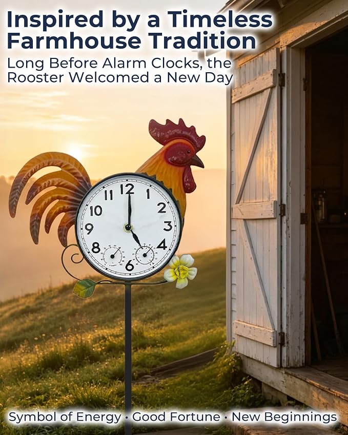 Rooster Outdoor Clock with Thermometer & Hygrometer | 41" Garden Stake or Wall Mount Design Weather-Resistant Metal Easy-to-Read Dial Farmhouse Garden Decor