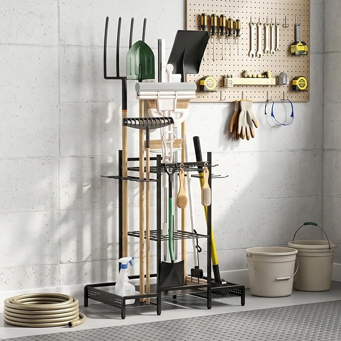 Organizer Yard Tool Storage Rack,Garden Organizer,Steel Yard Tool Racks To Store Long-Handled Tools,Tool Holder For Garden,Shed,Outdoor,Black