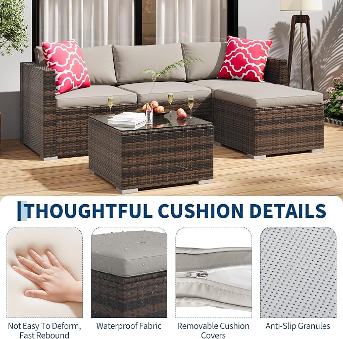 5-Piece Outdoor Sectional Sofa Set, All-Weather PE Rattan Patio Furniture with Ottoman & Tempered Glass Table, Convertible Garden Couch for Backyard, Porch, Poolside (Brown/Light Gray)