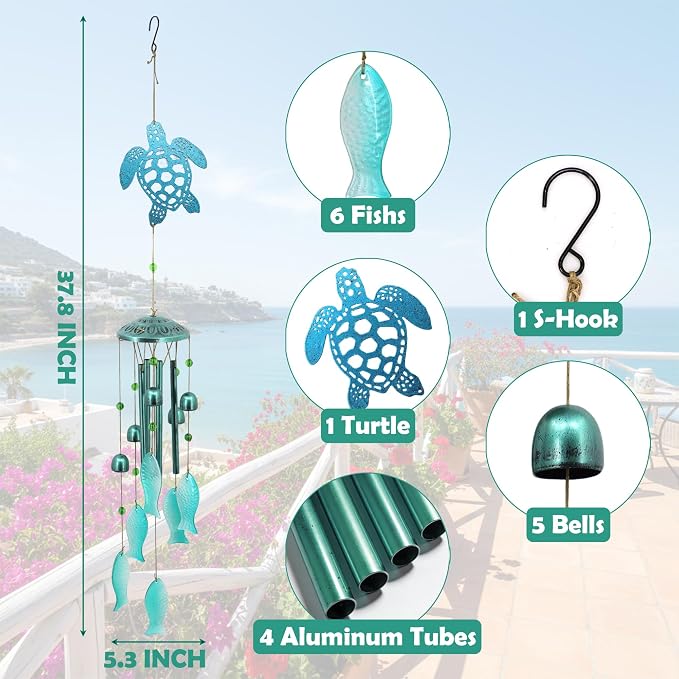 Sea Turtle Glass Windchimes Unique Metal Wind Chimes for Outside Pendant | Sea Turtle Ornament Memorial Windchimes Outdoors, Outdoor Metal Wind Chimes, Home Gifts for Women, Patio Porch Garden Decor
