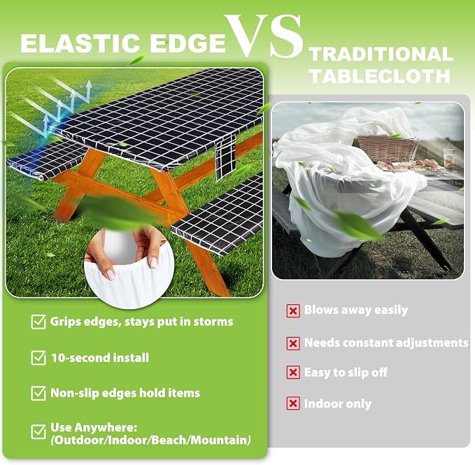 Wrakus Picnic Table Cover with Bench Covers Vinyl Elastic Edges Fitted Rectangle Seat Tables Waterproof 3-Piece72X30in Set Outdoor Rectangular Folding Backing Tablecloth for Camping Over Size