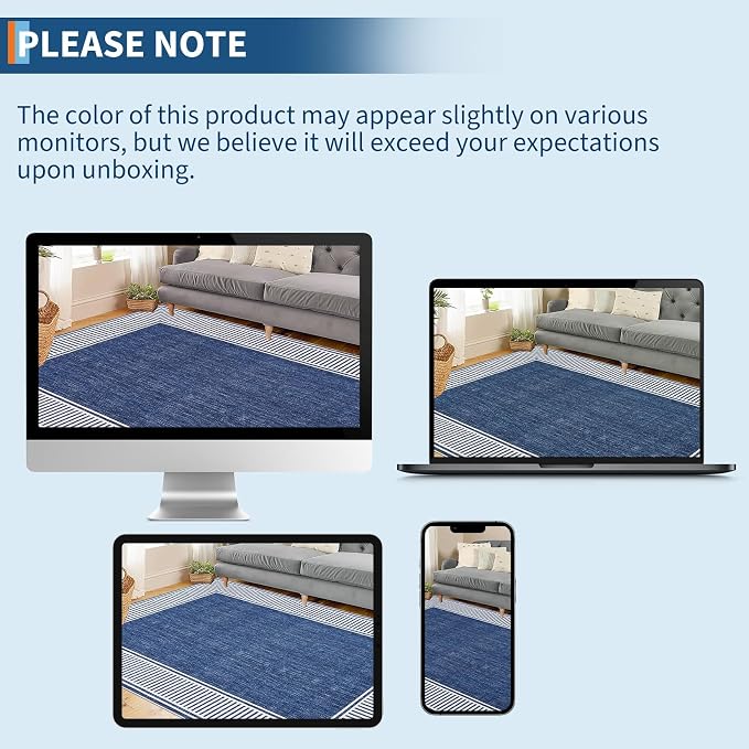 Garvee Large Washable Rug 9x12 Modern Bordered Living Room Rug Blue | Non Slip Soft Foldable Indoor Carpet Stain-Resistant Low Pile Floor Cover for Bedroom Nursery Office Dorm Kids Room Playroom