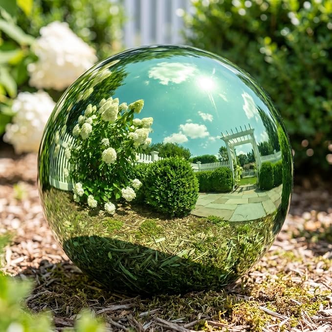 Abaodam Stainless Steel Gazing Ball, Reflective Mirror Polished Garden Globe 7.07inch, Green Decorative Sphere for Yard Outdoor Decor, Unbreakable Metal Gazing Globe for Garden Decoration Ornament