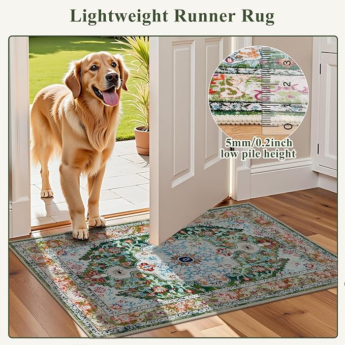 U'Artlines 2'x7' Boho Hallway Runner Rug Non Slip Washable Runners,Green | Vintage Farmhouse Kitchen Rug Accent Area Carpet for Entryway Laundry and Living Room