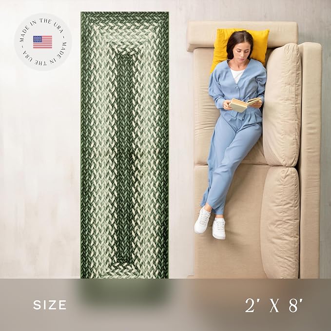 Maples Rugs Marion Bohemian Braided-Style Print Runner Rug – Made in USA – Washable, Non-Slip Indoor Runner for Hallway, Kitchen, and Laundry Room, 2' x 8', Green