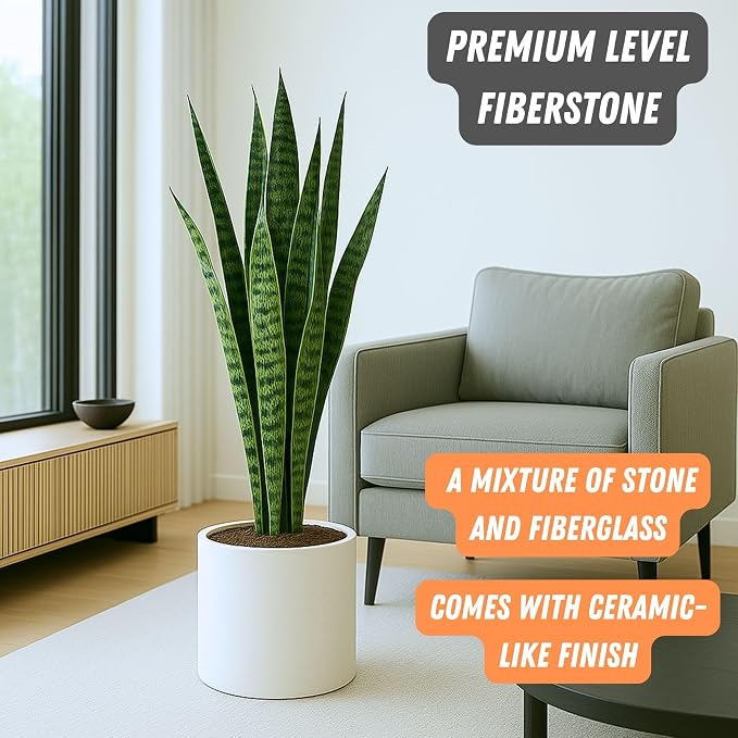 Fox & Fern Large Indoor Planter, Modern Large Plant Pot for Indoor or Outdoor, UV and Frost Resistant - 12 Inch, Fiberstone, Matte White Flower Pot with Hidden Saucer, Lightweight