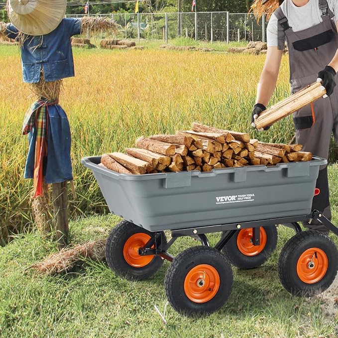 VEVOR Heavy Duty 1200lbs 7 Cu.Ft Wheelbarrow Garden Dump Cart Wagon | 2-in-1 Convertible Handle to Trailer For ATV Mower Tractor, 13in All Terrain Wheels