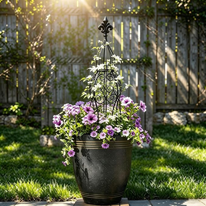 2-Pack Iron Garden Obelisk Trellis, 30" Rose Climbing Plant Support | Tool-free snap assembly; fits 9–12in pots, for roses clematis ivy vines, 2-pack patio balcony outdoor metal trellis