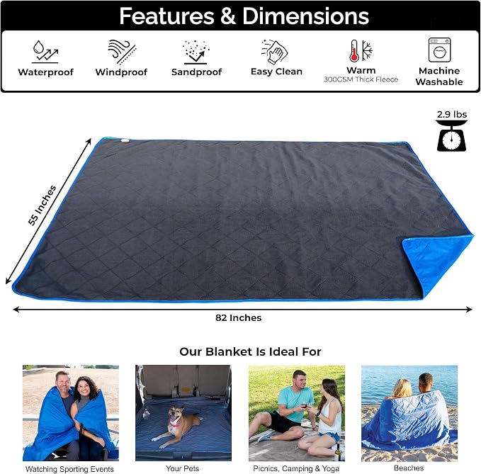 BRAWNTIDE Large Waterproof Outdoor Blanket, Extra Thick Fleece, Warm, Windproof & Sandproof, Quilted Stadium Blanket for Sports Events, Beach, Camping, Picnics, Dogs & Car, 82" x 55