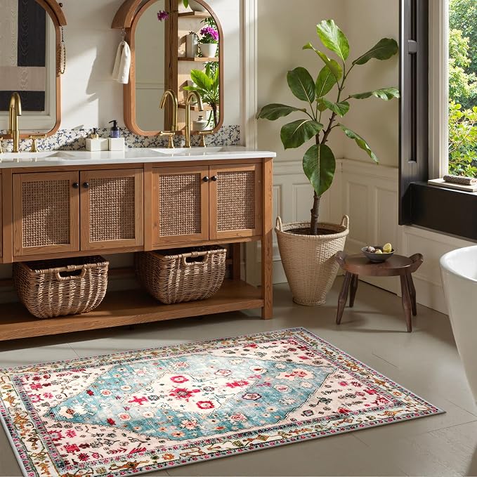 Lahome Felice 3x5 Boho Tribal Washable Rug, Non Slip Rugs for Entryway Bedroom Living Room, Vintage Ultra Soft Non-Shedding Indoor Floor Throw Carpet for Kitchen Dorm Coffee Table, Aqua